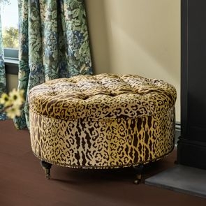 Storage Ottoman with Leopard Print Velvet and Tufted Lid