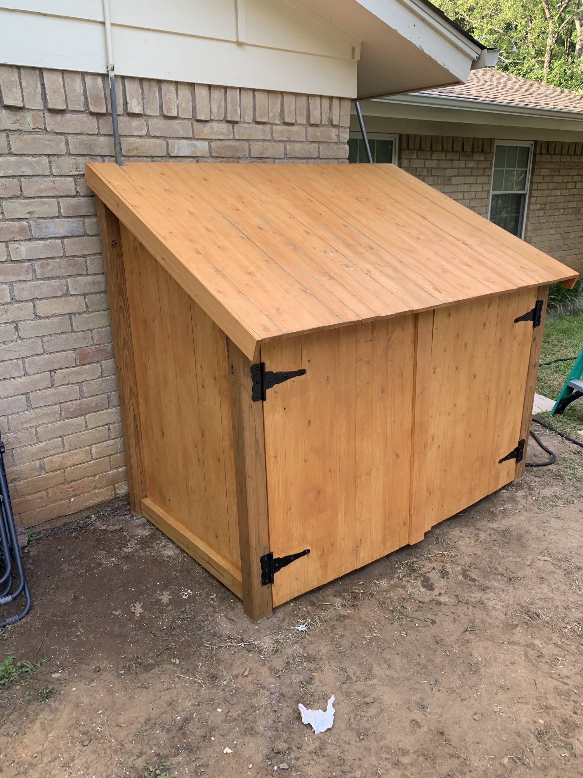 Storage Shed: Sloped Roof Honey Brown Stain Strap Hinges