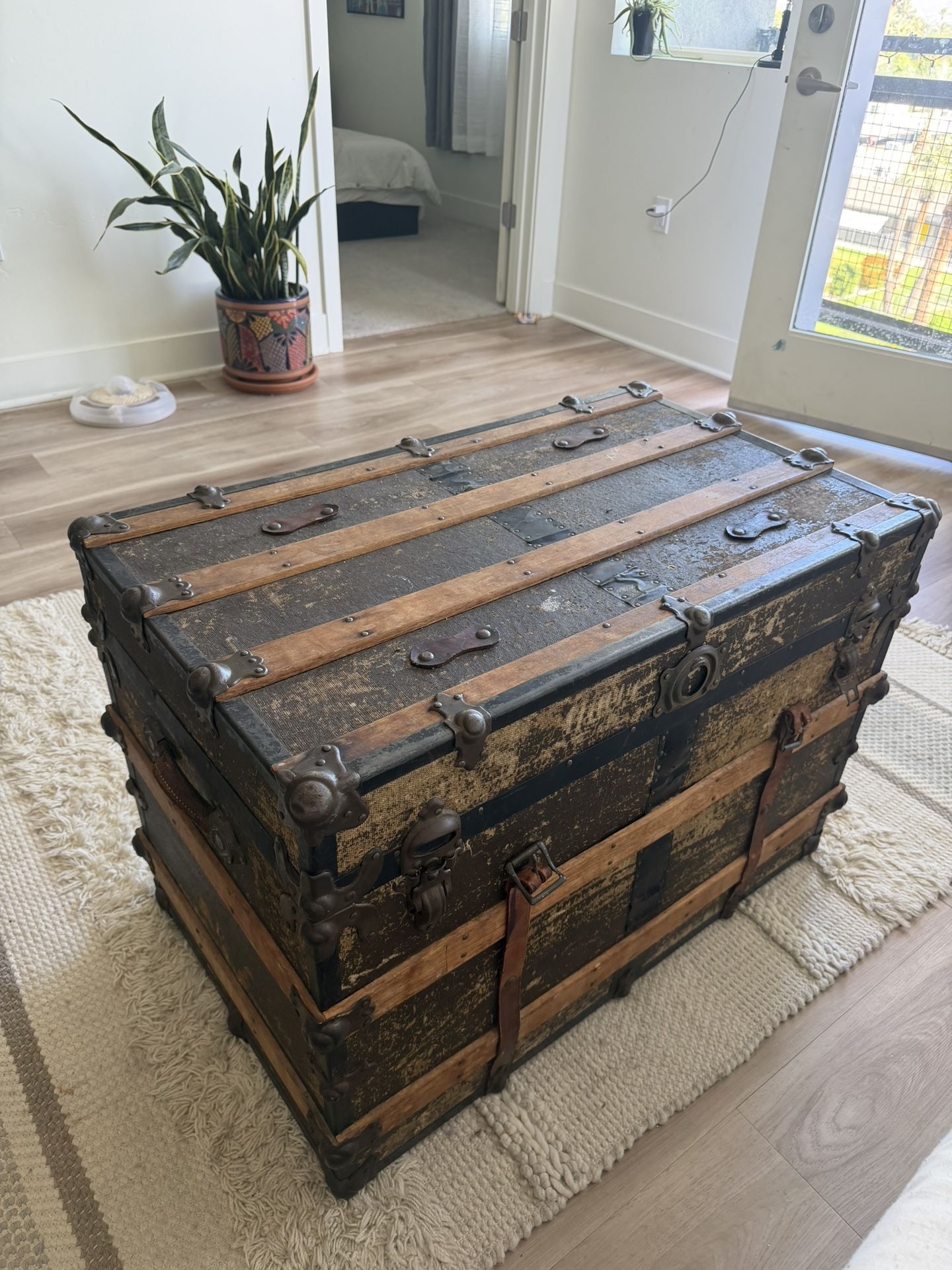 Storage Trunk Buckled Straps Vintage Wood Slat Chest