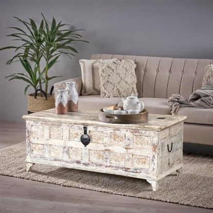 Storage Trunk Carved Panels Whitewashed Farmhouse Table