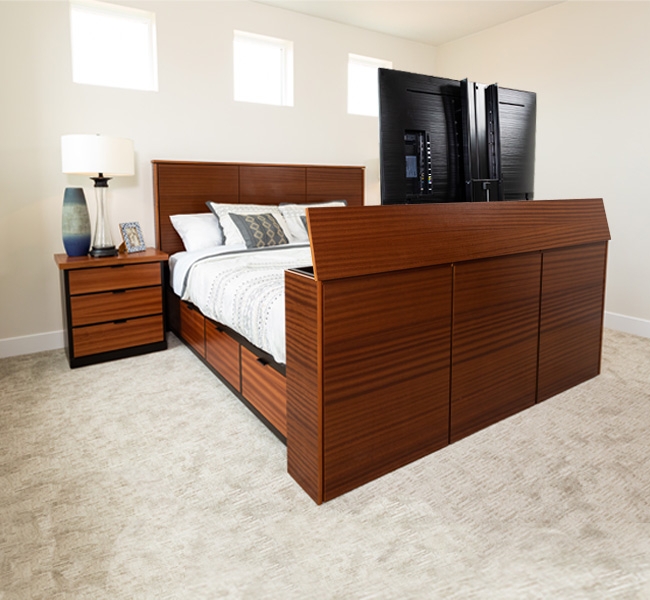 Storage TV Bed With Horizontal Wood Grain and Pop Up TV