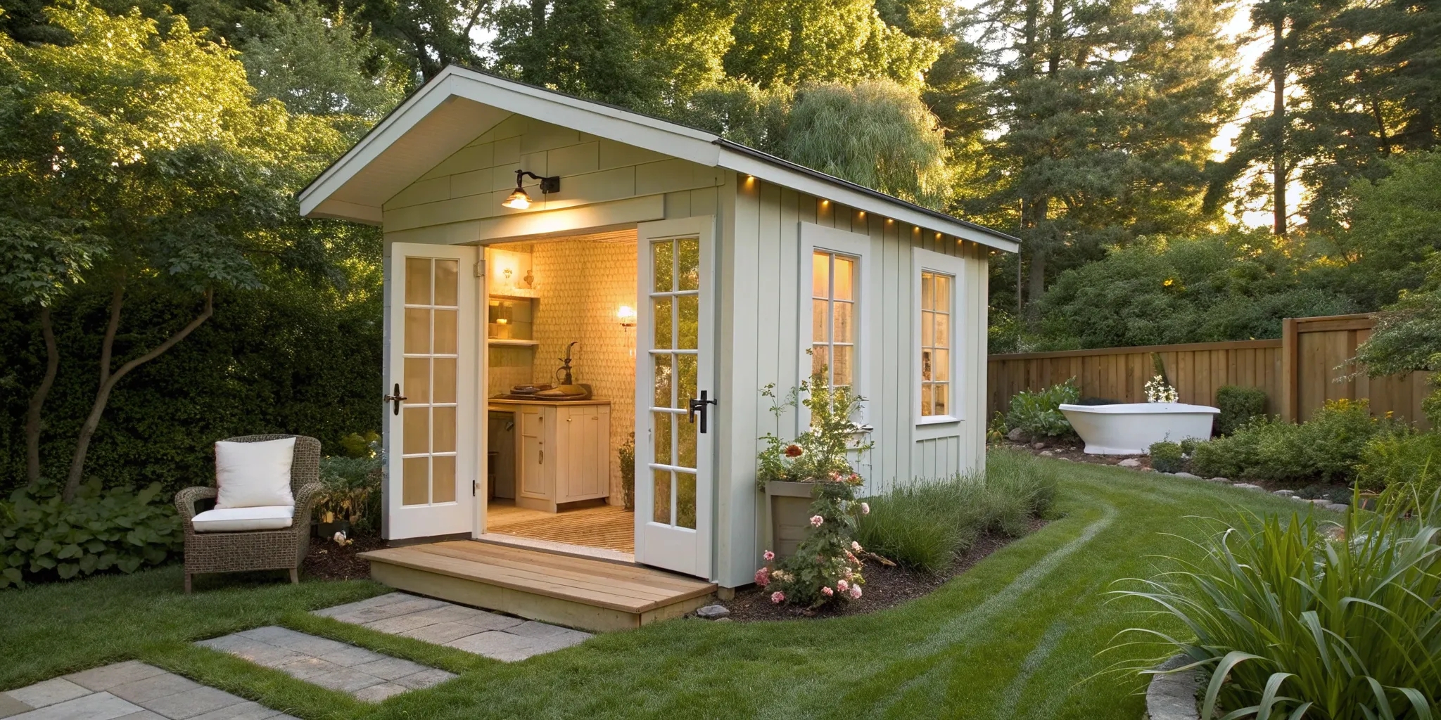 Studio Shed in Sage Green with French Doors and Outdoor Tub