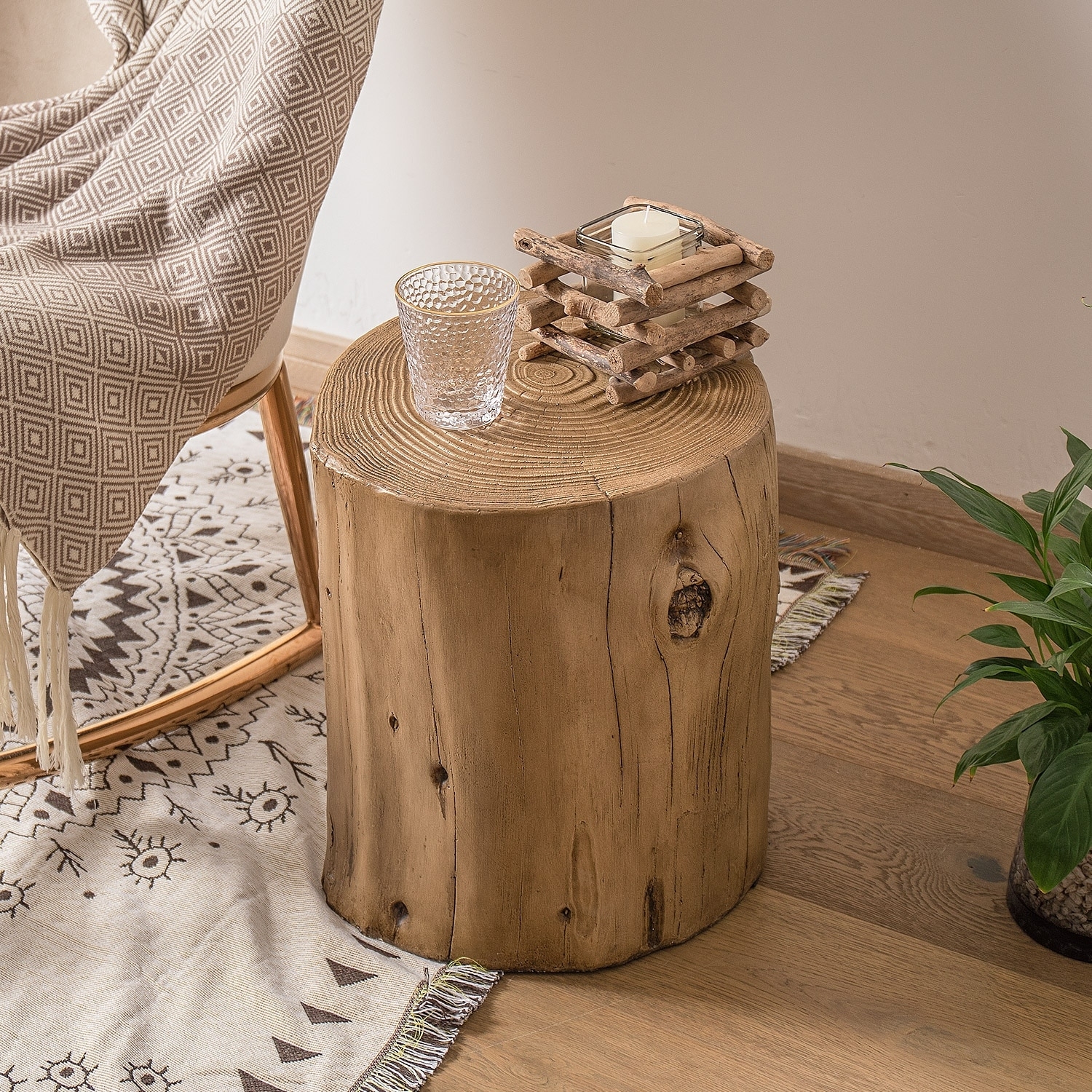 Stump Stool Faux Wood Log Stool with Hand Painted Bark Texture