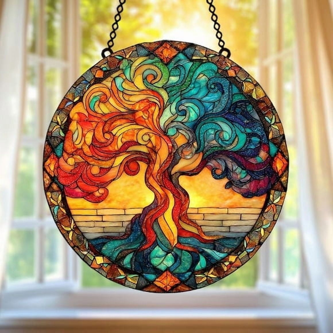 Suncatcher Geometric Border Swirling Branches Art