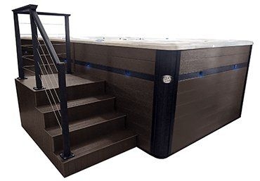 Swim Spa With Cable Railing and Walnut Finish Panel Access