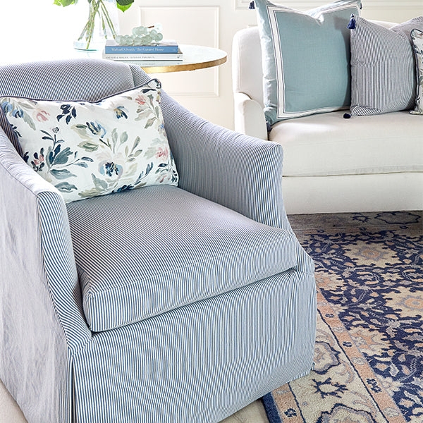 Swivel Accent Chair Navy Ticking Stripe Floral Art
