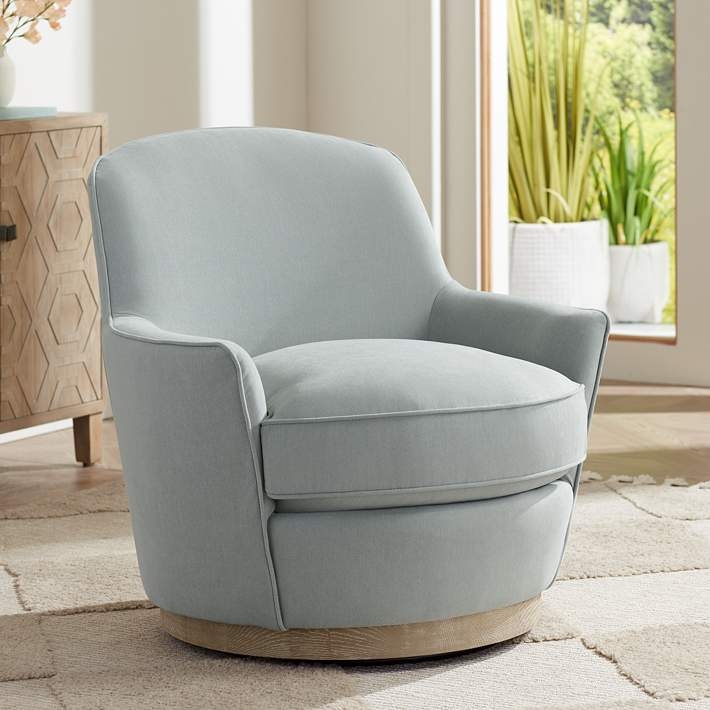 Swivel Chair with Sky Blue Low Profile Natural Wood Base