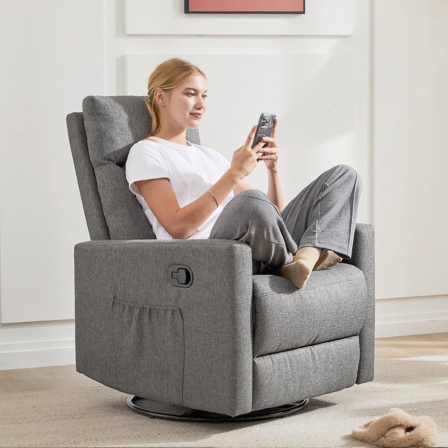 Swivel Rocker Recliner Grey Side Storage Pocket Chair
