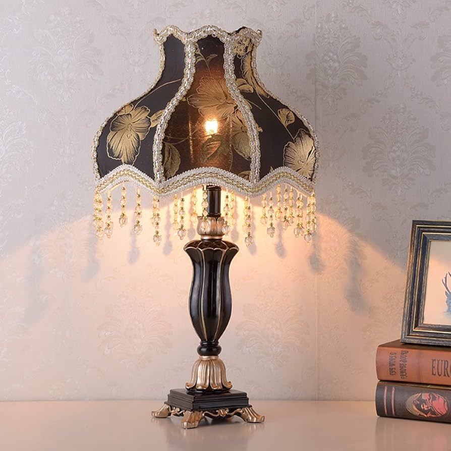 Table Lamp Beaded Fringe Floral Pattern and Fluted Base