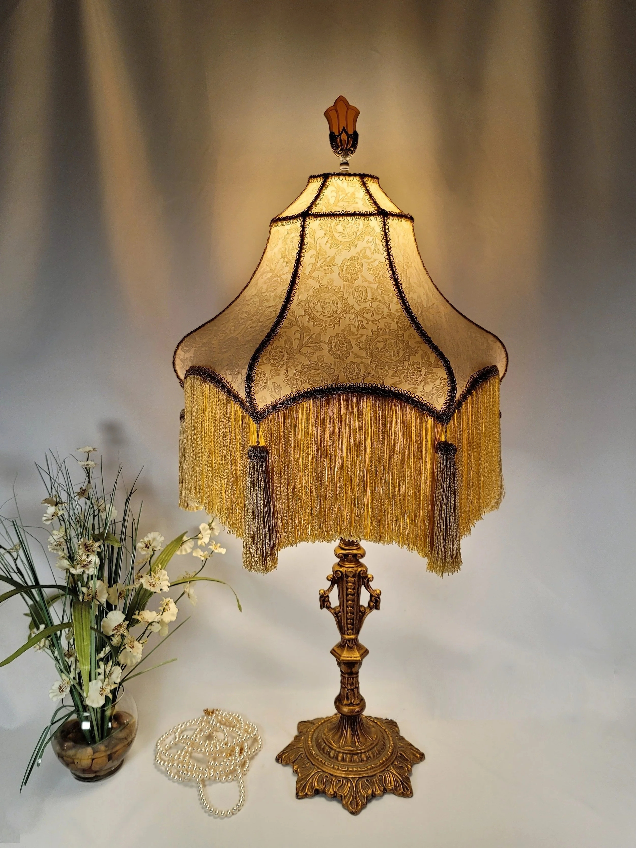Table Lamp Long Fringe with Ornate Pedestal Base Design