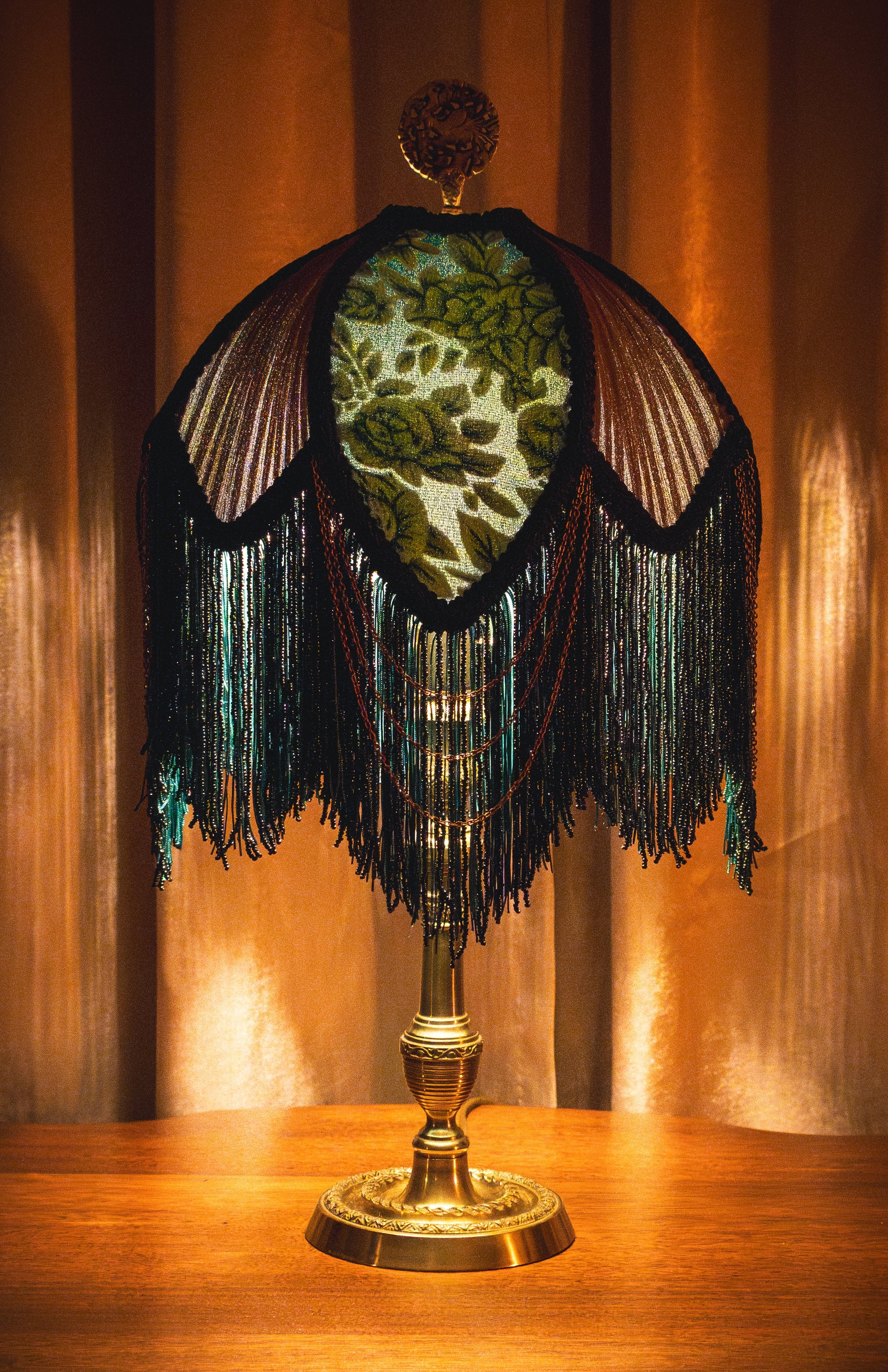 Table Lamp Moss Green Floral Motif and Beaded Fringe