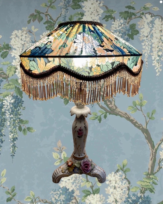 Table Lamp Pleated Floral Shade with Hand Painted Base