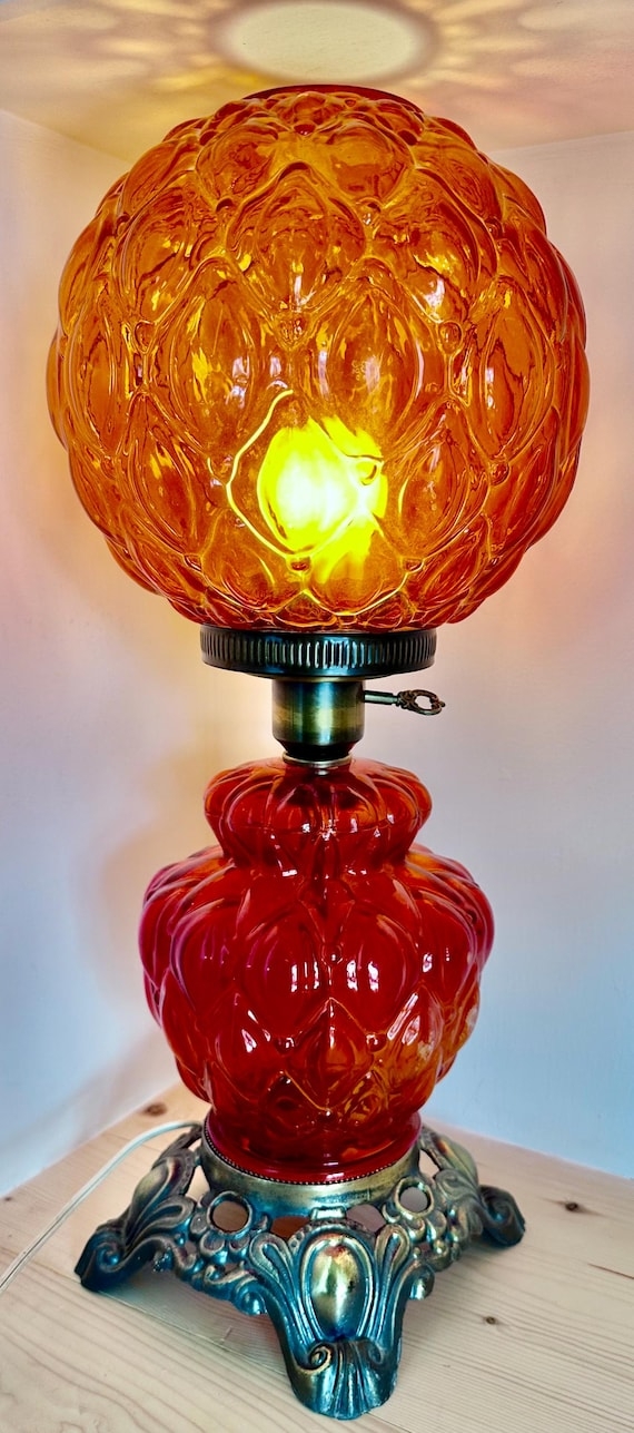 Table Lamp - Ruby Red Quilted Glass Ornate Filigree