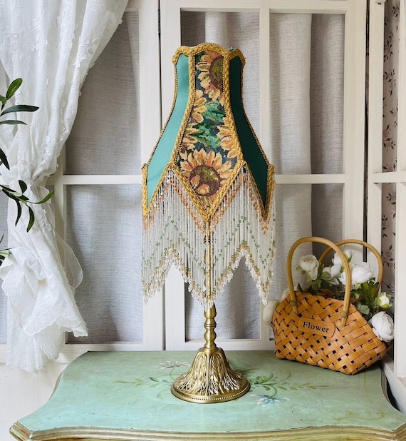Table Lamp Sunflower Tapestry with Teal Fabric Panels