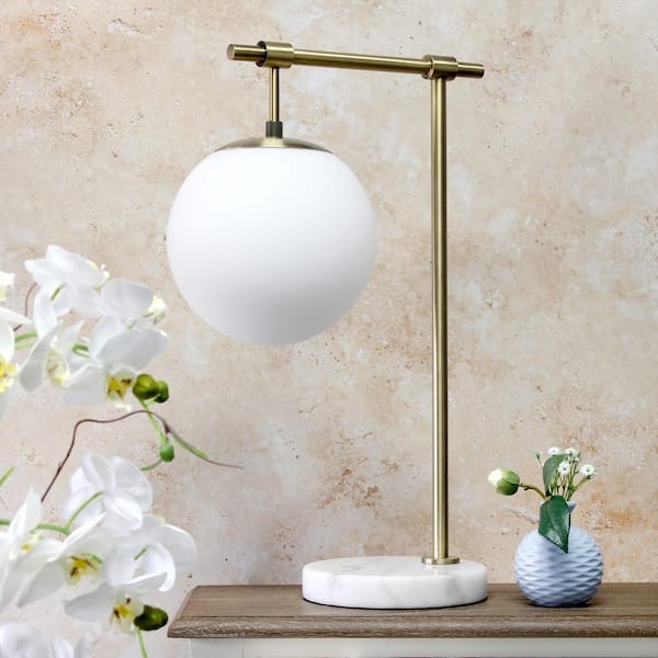 Table Lamp - Suspended Globe Marble Base Brass Arm