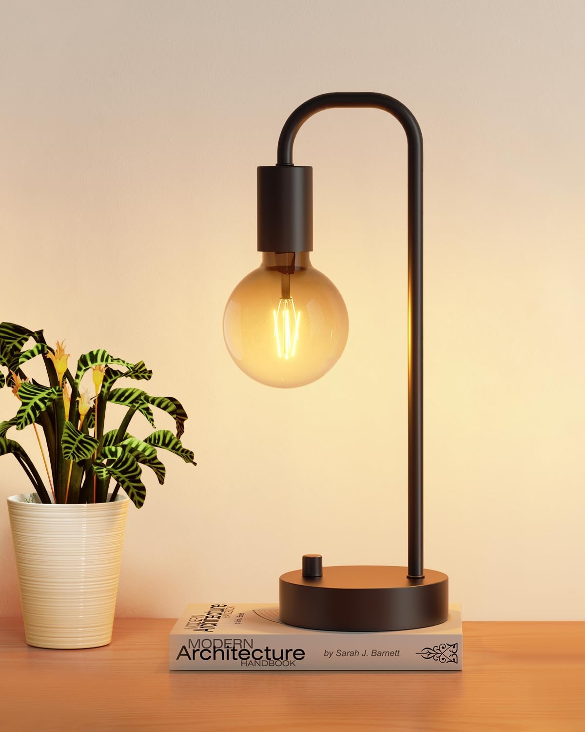 Table Lamp with Curved Neck and Integrated Dimmer Knob