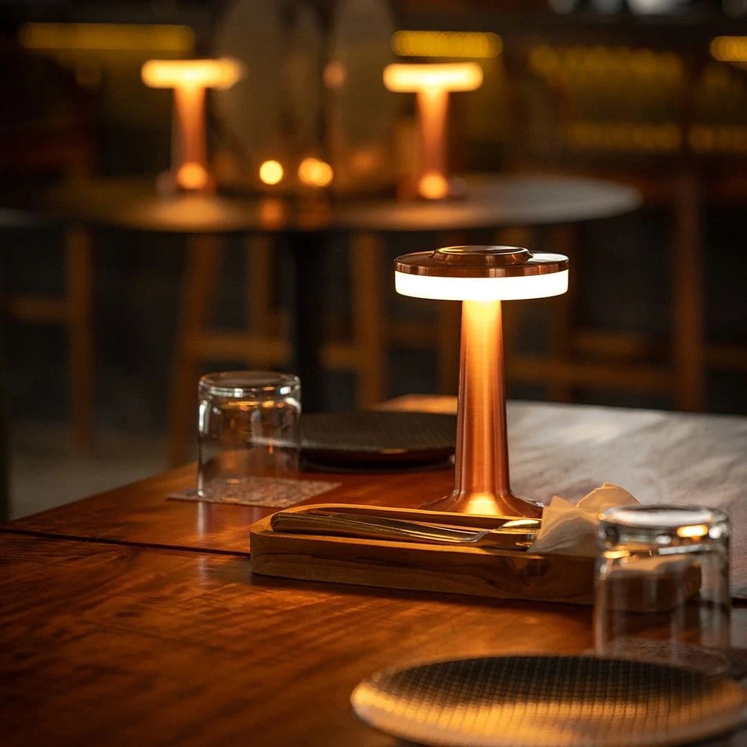 Table Lamp with Integrated LED Ring and Brushed Copper