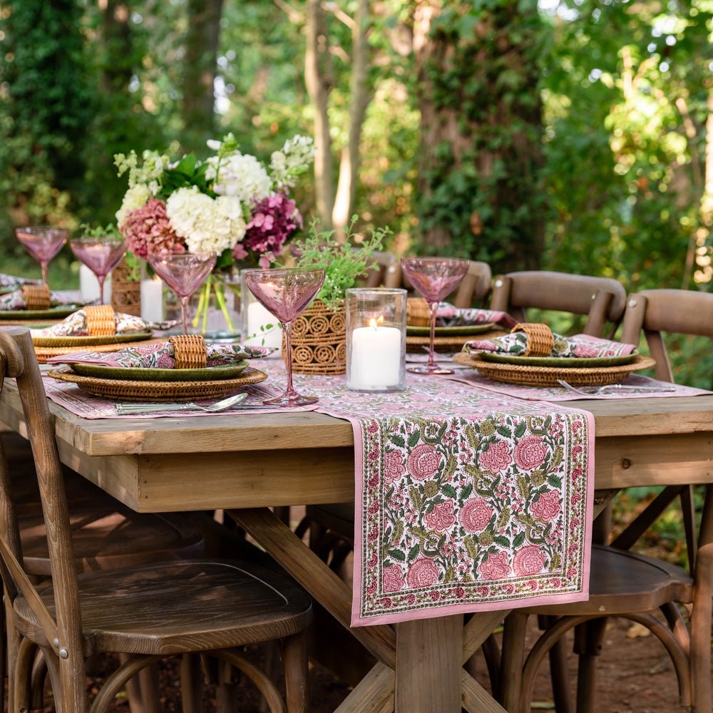 Table Runner Block Print Pattern Mauve Outdoor Dining Floral Decor