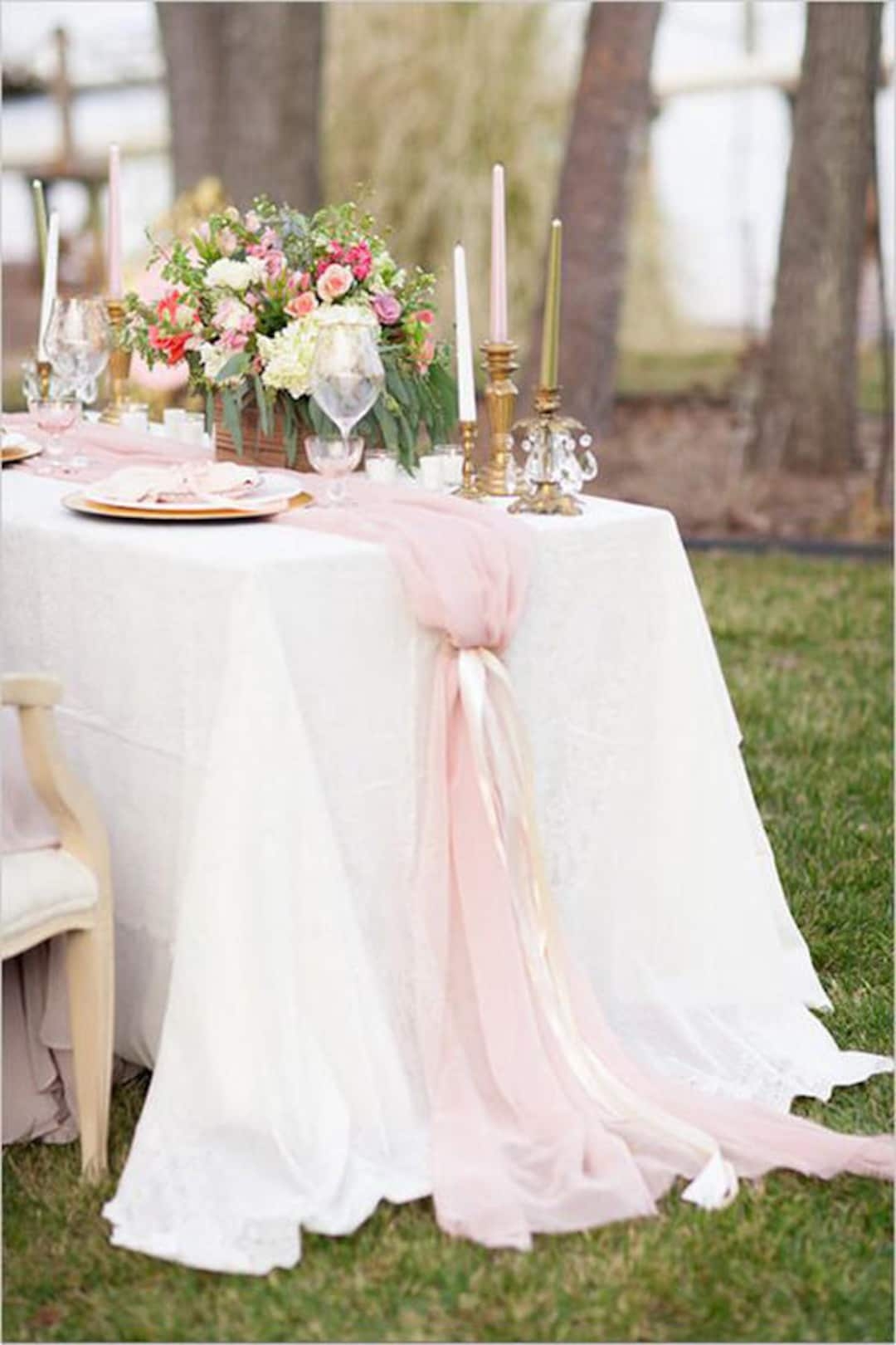 Table Runner Blush Chiffon Ribbon Gathered End Ethereal Wedding Linen