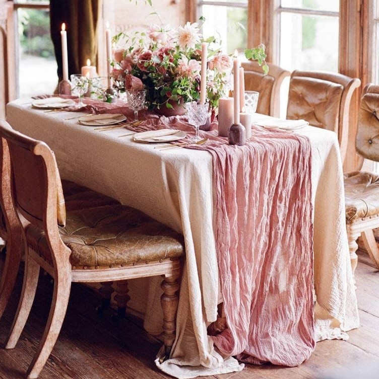 Table Runner Crinkle Organza Dusty Rose Vintage Style Dining Setting