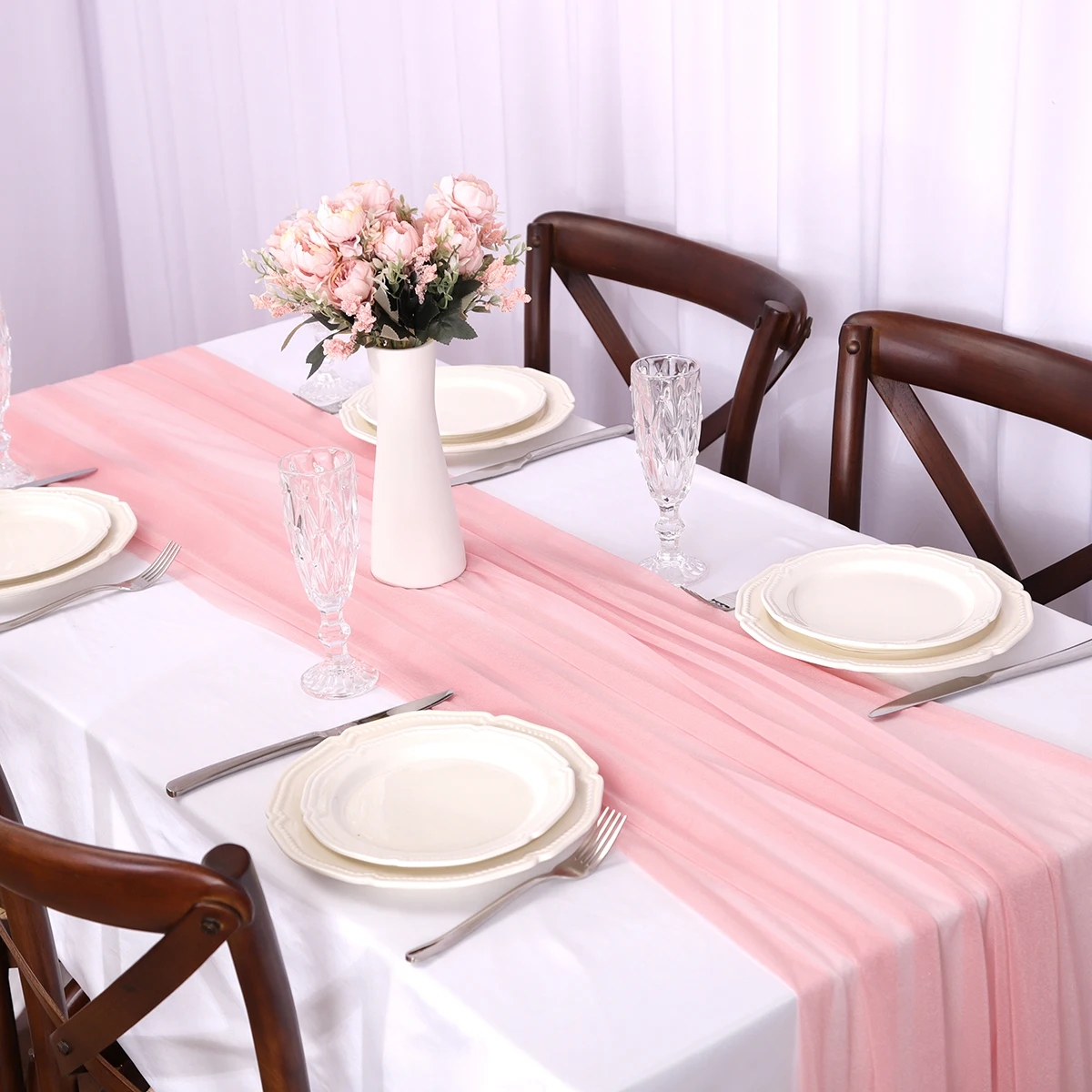 Table Runner Gathered Sheer Fabric Pink Crossback Chair Styling