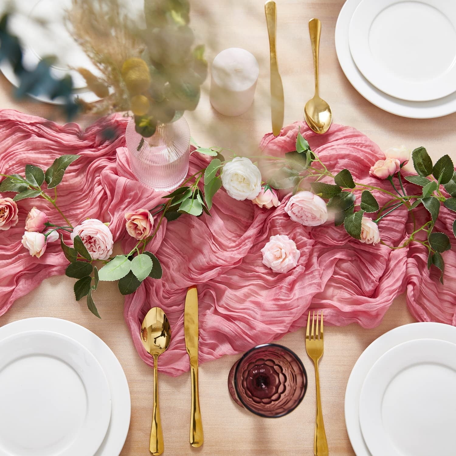 Table Runner Gold Cutlery Pairing Dusty Rose Crinkled Gauze Runner