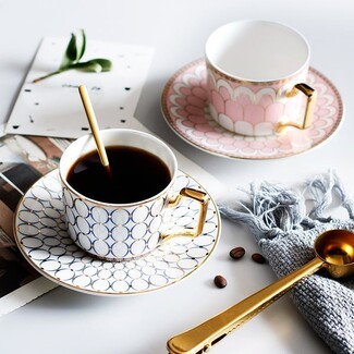 Tea Cup Saucer Set with Angular Gold Handle and Ogee
