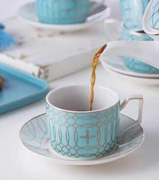 Tea Cup Set with Gold Geometric Overlay and Mint Green