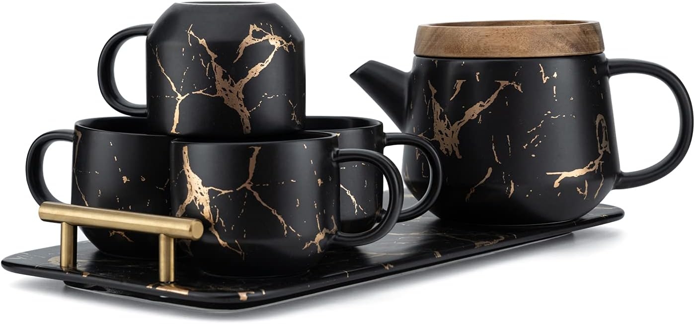 Tea Set featuring Gold Marble Veining and Wood Lid