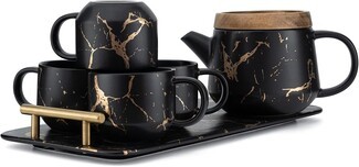 Tea Set featuring Gold Marble Veining and Wood Lid