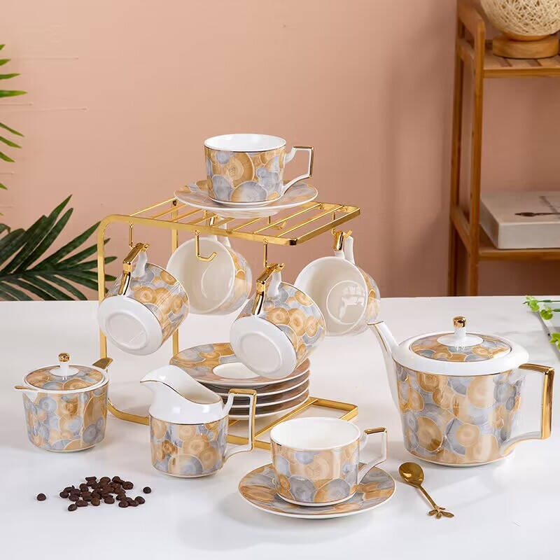 Tea Set in Abstract Circle Pattern with Gold Stand