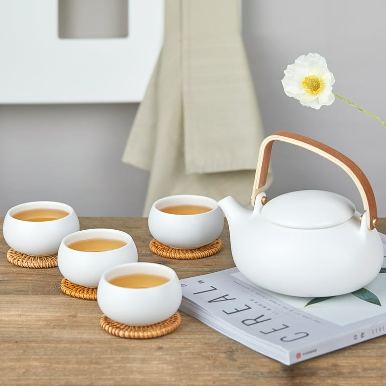 Tea Set with Bentwood Handle and Rattan Coasters Service