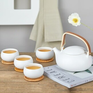Tea Set with Bentwood Handle and Rattan Coasters Service