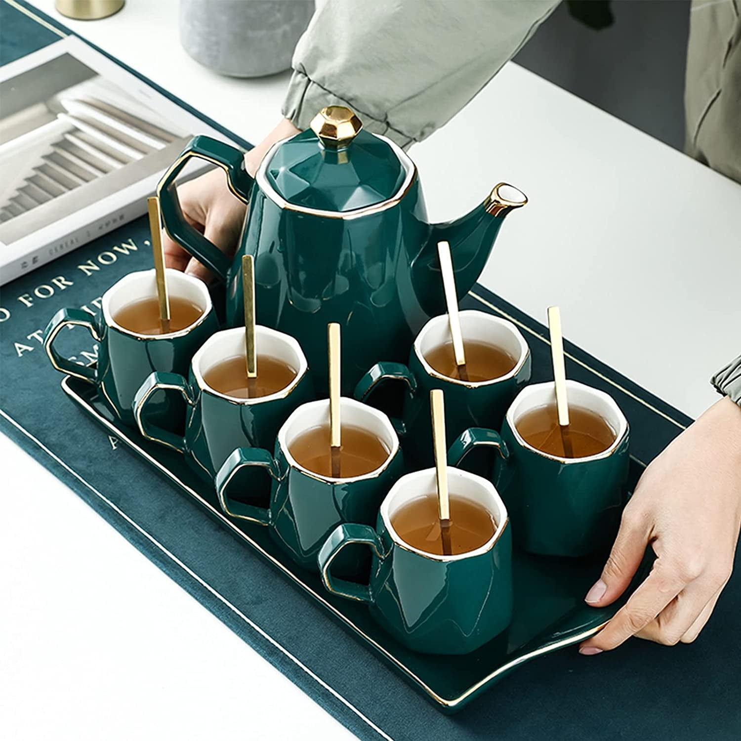 Tea Set with Faceted Design and Emerald Green Glaze