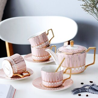 Tea Set with Geometric Gold Handles and Blush Pink