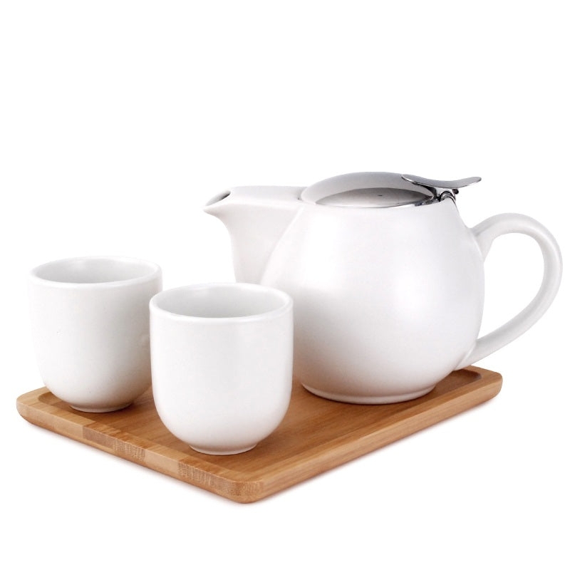 Tea Set with Handleless Cups and Wood Toned Tray
