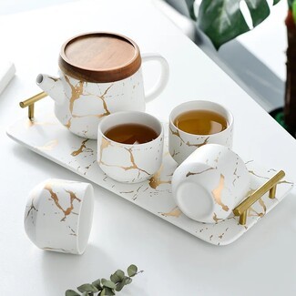 Tea Set with Integrated Tray Handles and Wood Topped Lid