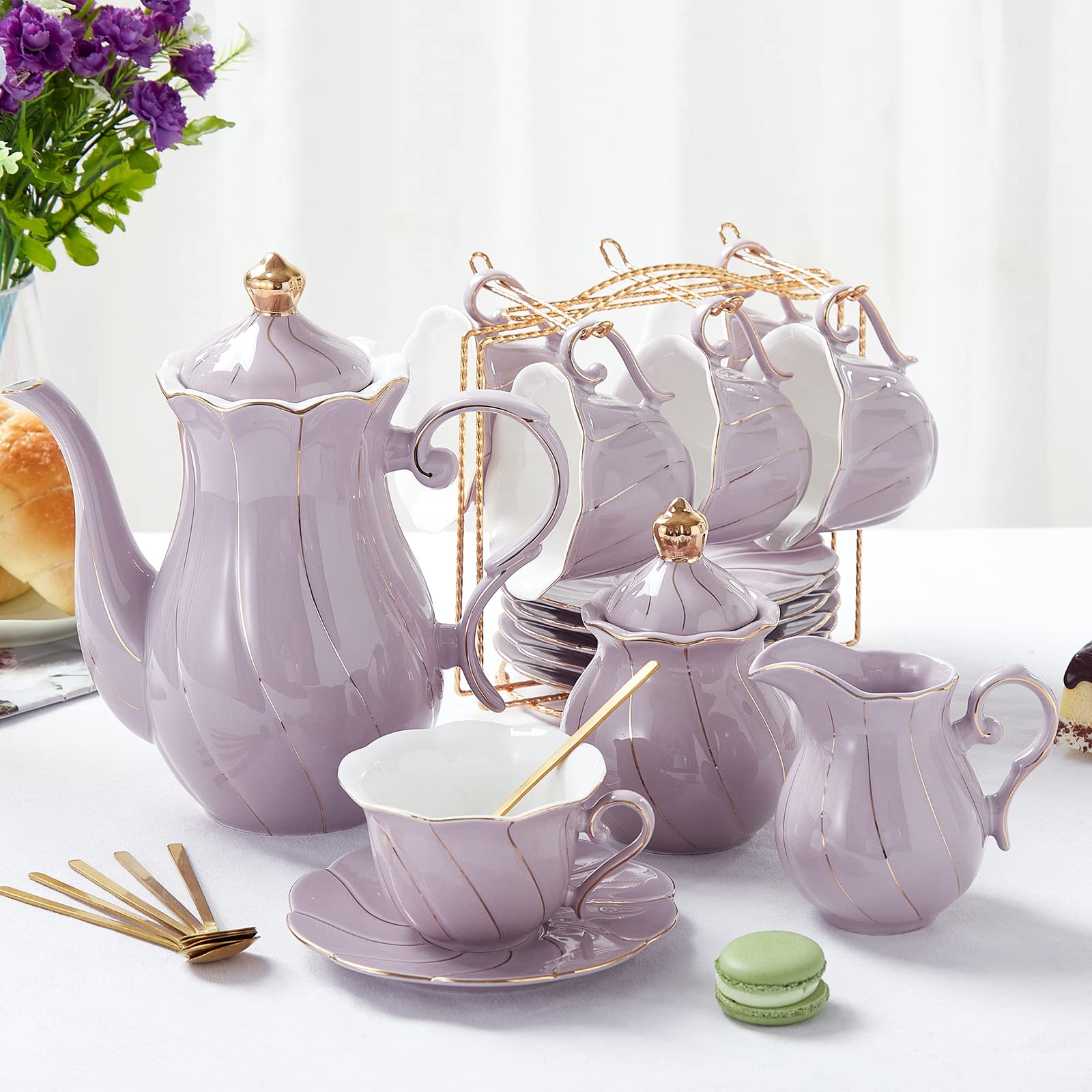 Tea Set with Swirl Fluting and Lilac Purple Trim
