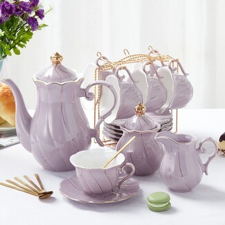 Tea Set with Swirl Fluting and Lilac Purple Trim