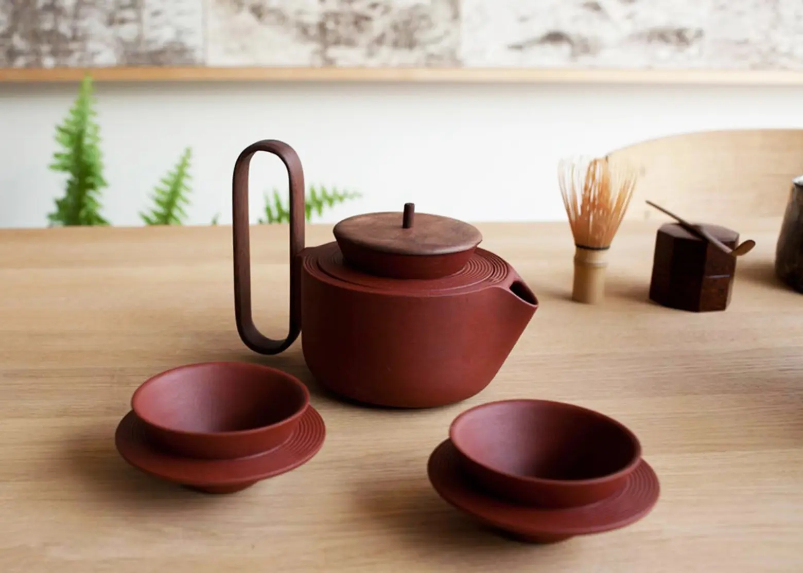 Tea Set with Tall Loop Handle and Terracotta Clay