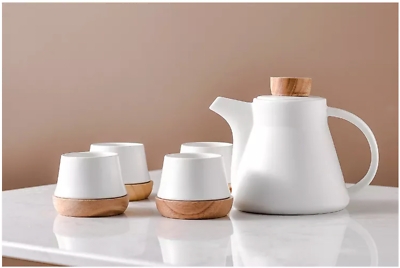 Tea Set with Wood Bases and Matte Tapered Silhouette