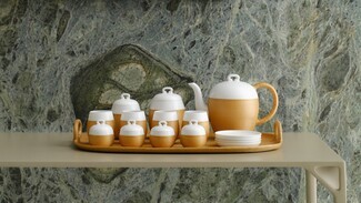 Tea Set with Woven Base Texture and Ochre Yellow