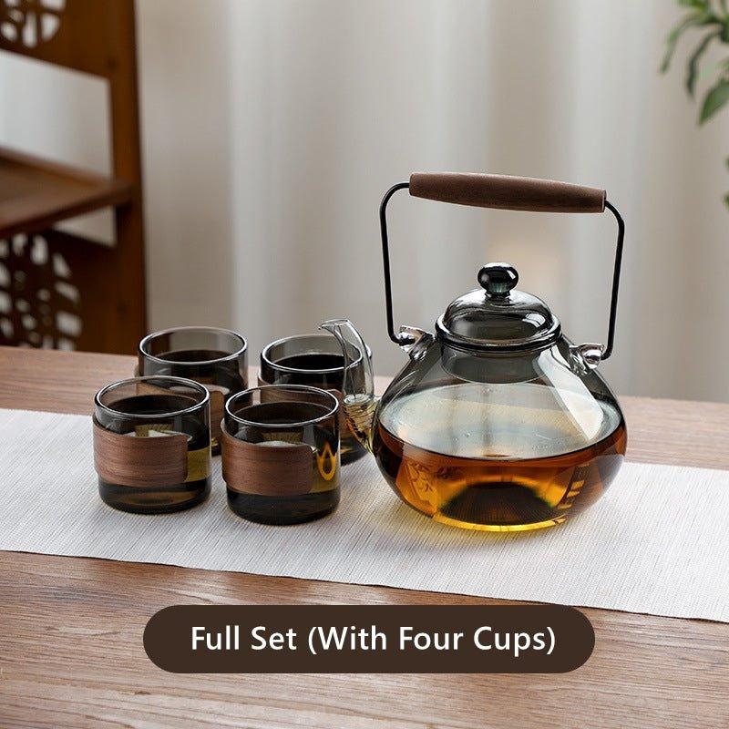 Teapot Set with Wood Sleeves and Smoked Glass Design