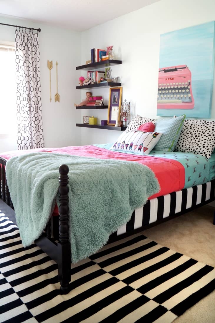 Teen Bed with Striped Upholstered Base and Bold Pattern Mixing