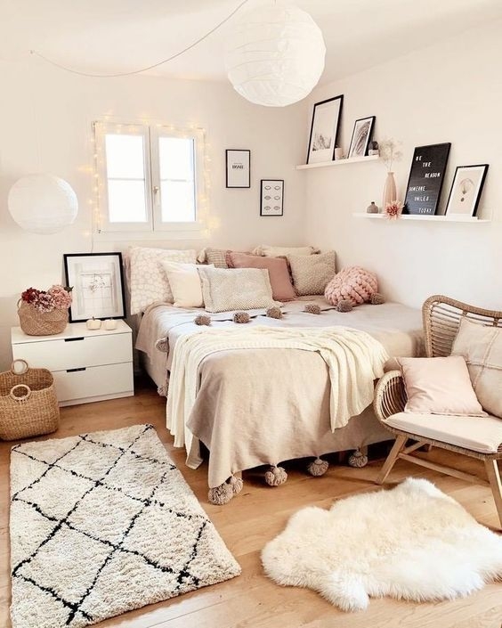 Teen Bedroom with Diamond Shag Rug for Cozy Scandinavian Bedroom Style