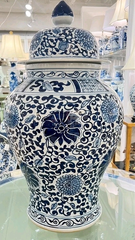 Temple Jar featuring 30 Inch Height and Chrysanthemum Pattern