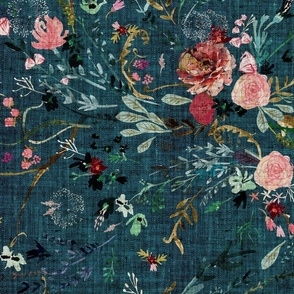 Textile Pattern: Deep Teal Jumbo Scale Painterly Rose Art