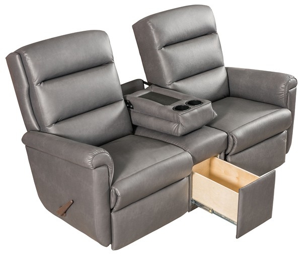 Theater Seating Gray Dual Recliner Pull Out Drawer
