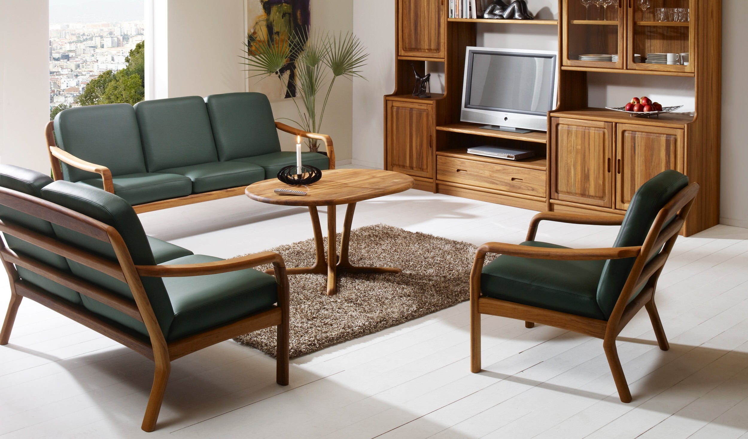 Three Seat Sofa featuring Sculptural Teak Toned Frame