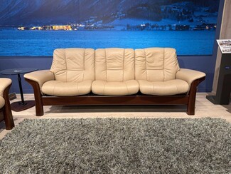 Three Seat Sofa showing Curved Wooden Frame Sand Leather